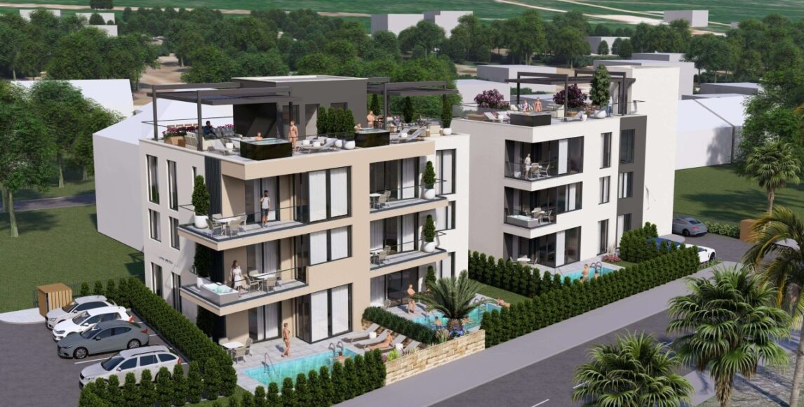 Új apartmanok medencékkel és tetőterasszal 80 méterre a strandtól